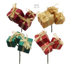 Assorted Glittered Mini Gift Box Pick x3 - Red, Burgundy, Gold, Green (lot of 12 Picks) SALE ITEM